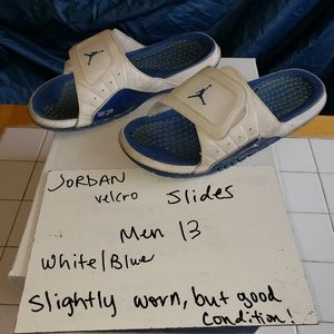 Men's 13. Jordan slides w/ velcro. White/Blue/Grey
